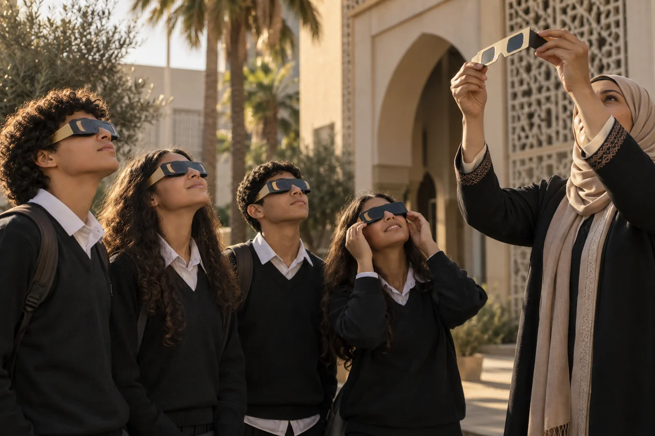 Élèves et enseignante portant des lunettes d’observation solaire dans une cour d’école