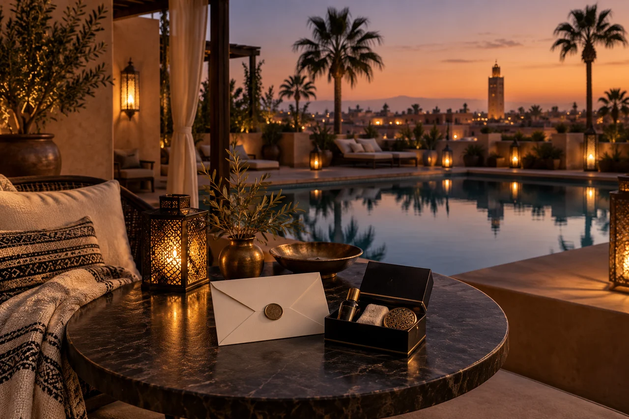 Kit d’accueil avec lunettes d’éclipse sur la terrasse d’un hôtel